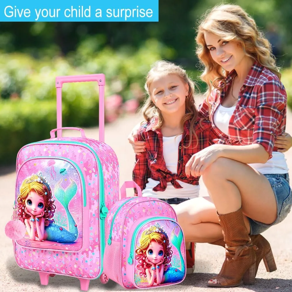 2Pcs Kids Suitcase for Girls, Carry on Rolling Luggage with Wheels, Mermaid Travel Suitcases Set with Toddler Backpack(Pink)