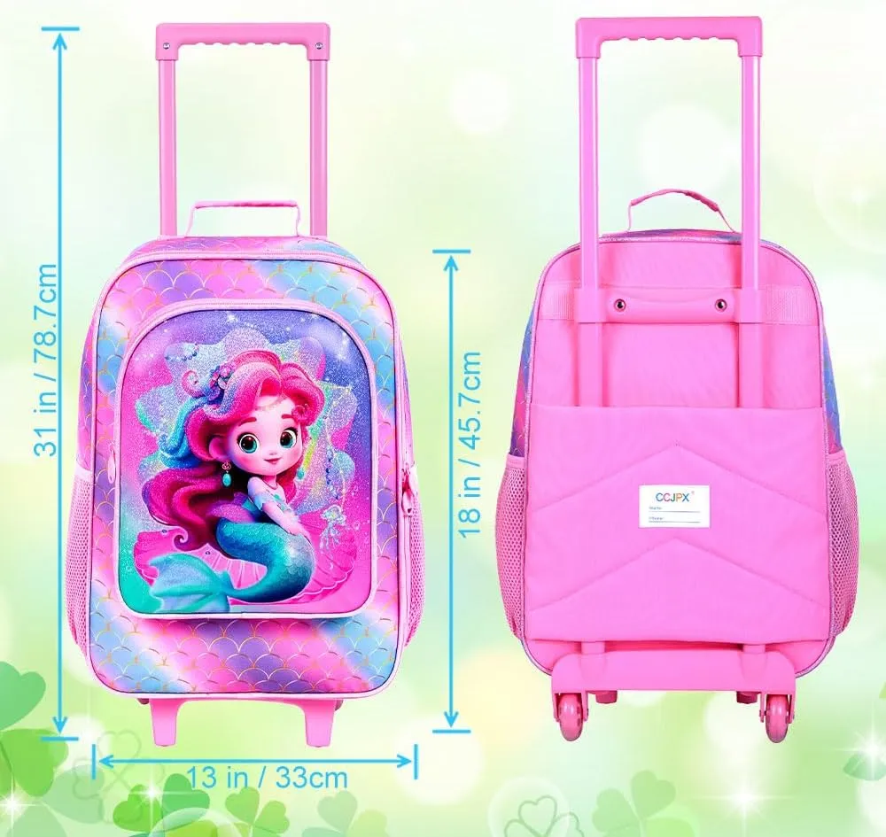 2Pcs Kids Suitcase Set, Girls Carry on Rolling Luggage with Wheels, Mermaid Travel Suitcases with Toddler Backpack(Pink)