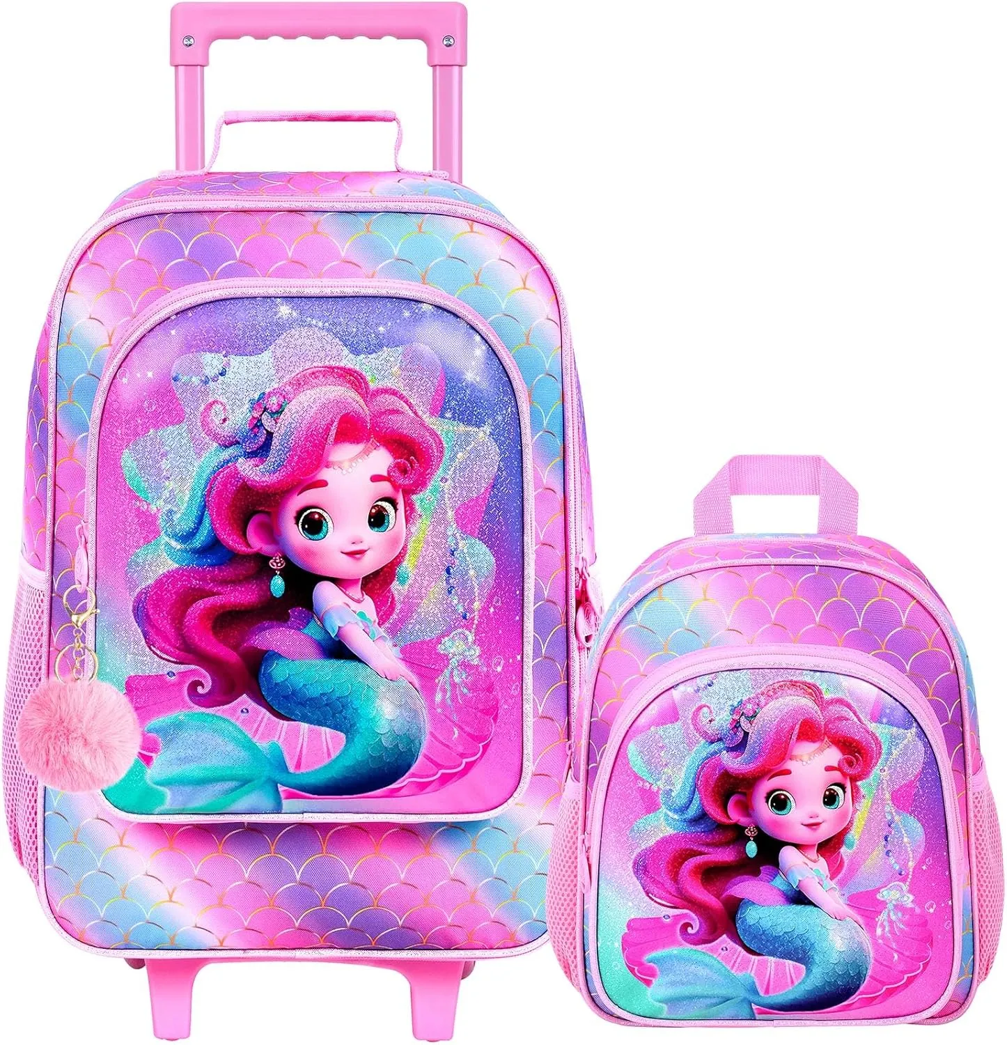 2Pcs Kids Suitcase Set, Girls Carry on Rolling Luggage with Wheels, Mermaid Travel Suitcases with Toddler Backpack(Pink)