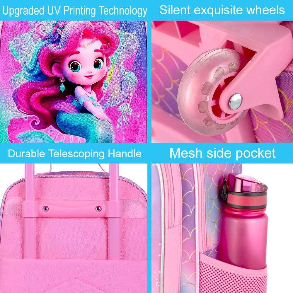 2Pcs Kids Suitcase Set, Girls Carry on Rolling Luggage with Wheels, Mermaid Travel Suitcases with Toddler Backpack(Pink)