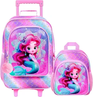 2Pcs Kids Suitcase Set, Girls Carry on Rolling Luggage with Wheels, Mermaid Travel Suitcases with Toddler Backpack(Pink)