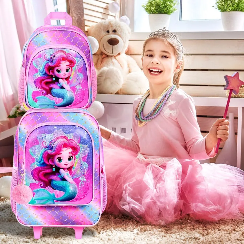 2Pcs Kids Suitcase Set, Girls Carry on Rolling Luggage with Wheels, Mermaid Travel Suitcases with Toddler Backpack(Pink)
