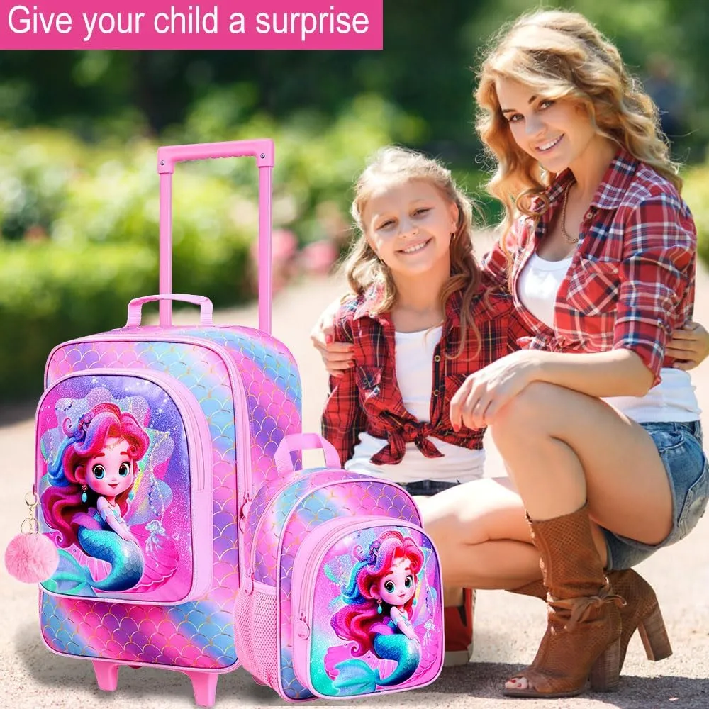 2Pcs Kids Suitcase Set, Girls Carry on Rolling Luggage with Wheels, Mermaid Travel Suitcases with Toddler Backpack(Pink)