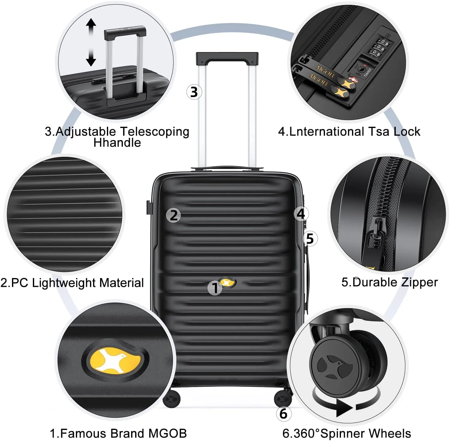 3 Piece Luggage Sets, Hard Case Suitcases Set with Spinner Wheels, Lightweight PC Luggage with TSA Lock(Black)