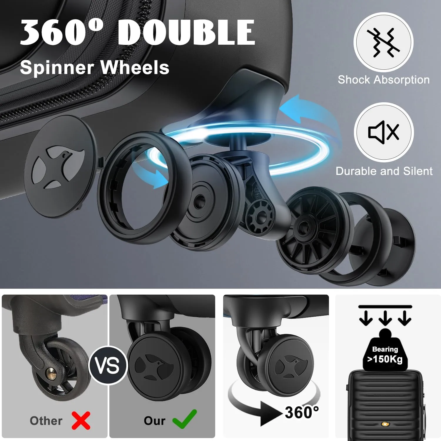3 Piece Luggage Sets, Hard Case Suitcases Set with Spinner Wheels, Lightweight PC Luggage with TSA Lock(Black)