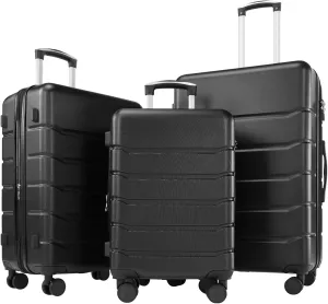 3-Piece Luggage Sets, Hard Shell Suitcases with Spinner Wheels, Expandable Lightweight Rolling Suitcase Sets with TSA Lock, Black (20/24/28 Inch)