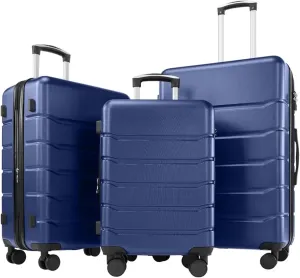 3-Piece Luggage Sets, Hard Shell Suitcases with Spinner Wheels, Expandable Lightweight Rolling Suitcase Sets with TSA Lock, Blue (20/24/28 Inch)
