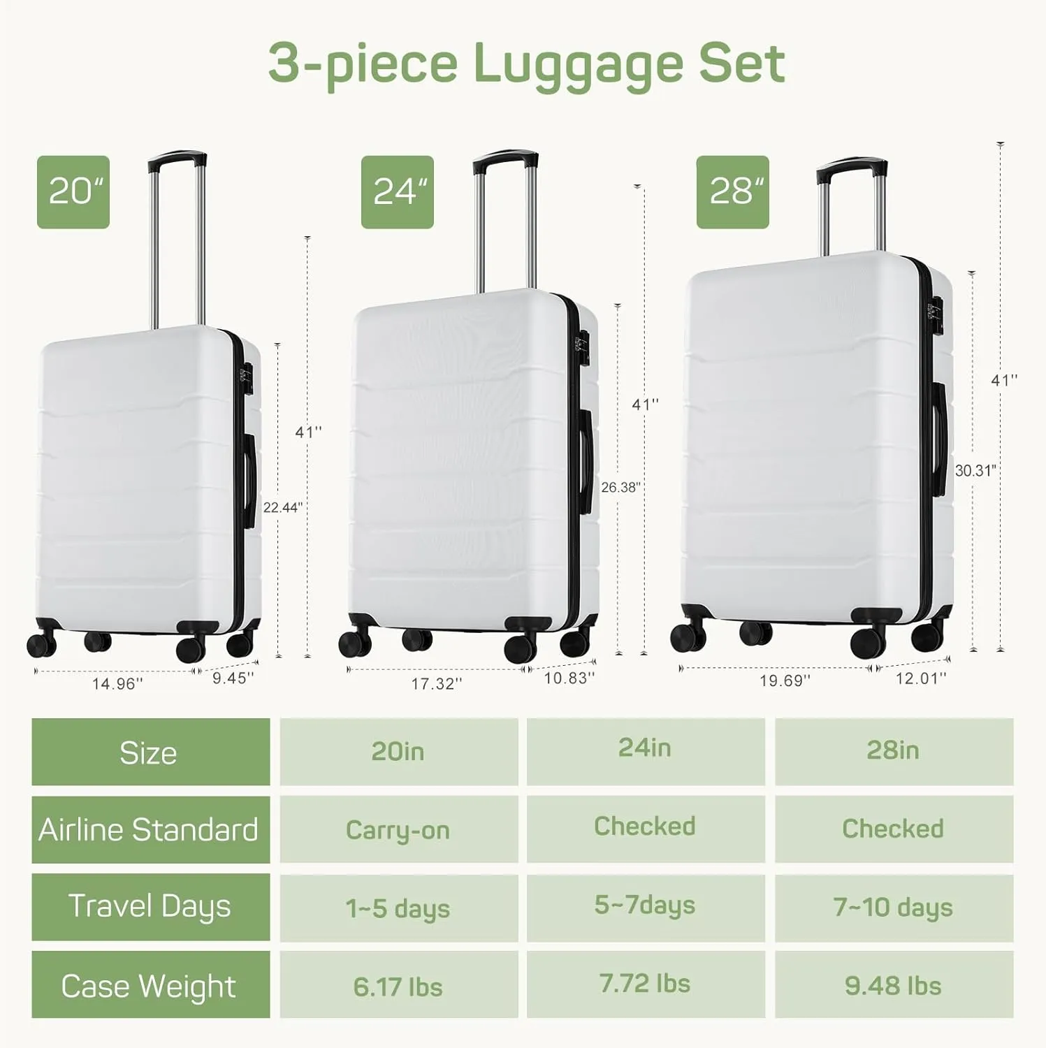 3-Piece Luggage Sets, Hard Shell Suitcases with Spinner Wheels, Expandable Lightweight Rolling Suitcase Sets with TSA Lock, White (20/24/28 Inch)