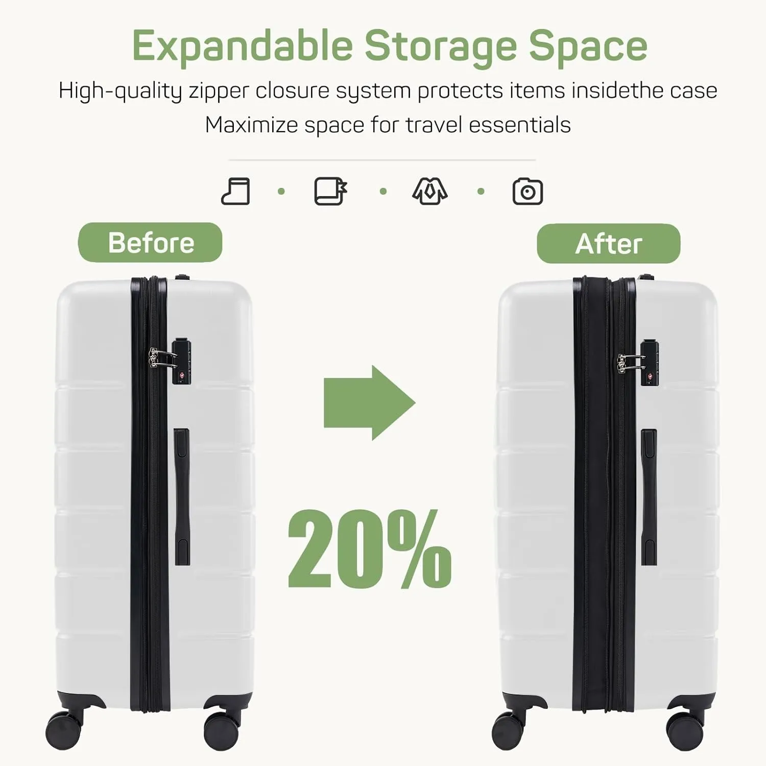 3-Piece Luggage Sets, Hard Shell Suitcases with Spinner Wheels, Expandable Lightweight Rolling Suitcase Sets with TSA Lock, White (20/24/28 Inch)