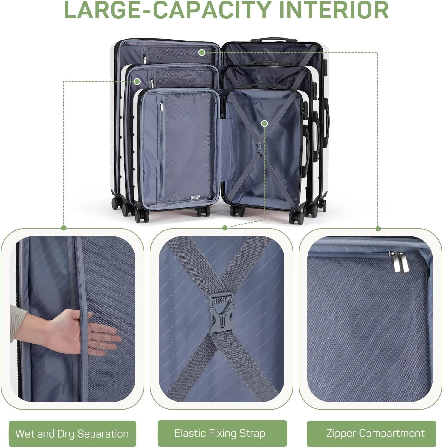 3-Piece Luggage Sets, Hard Shell Suitcases with Spinner Wheels, Expandable Lightweight Rolling Suitcase Sets with TSA Lock, White (20/24/28 Inch)