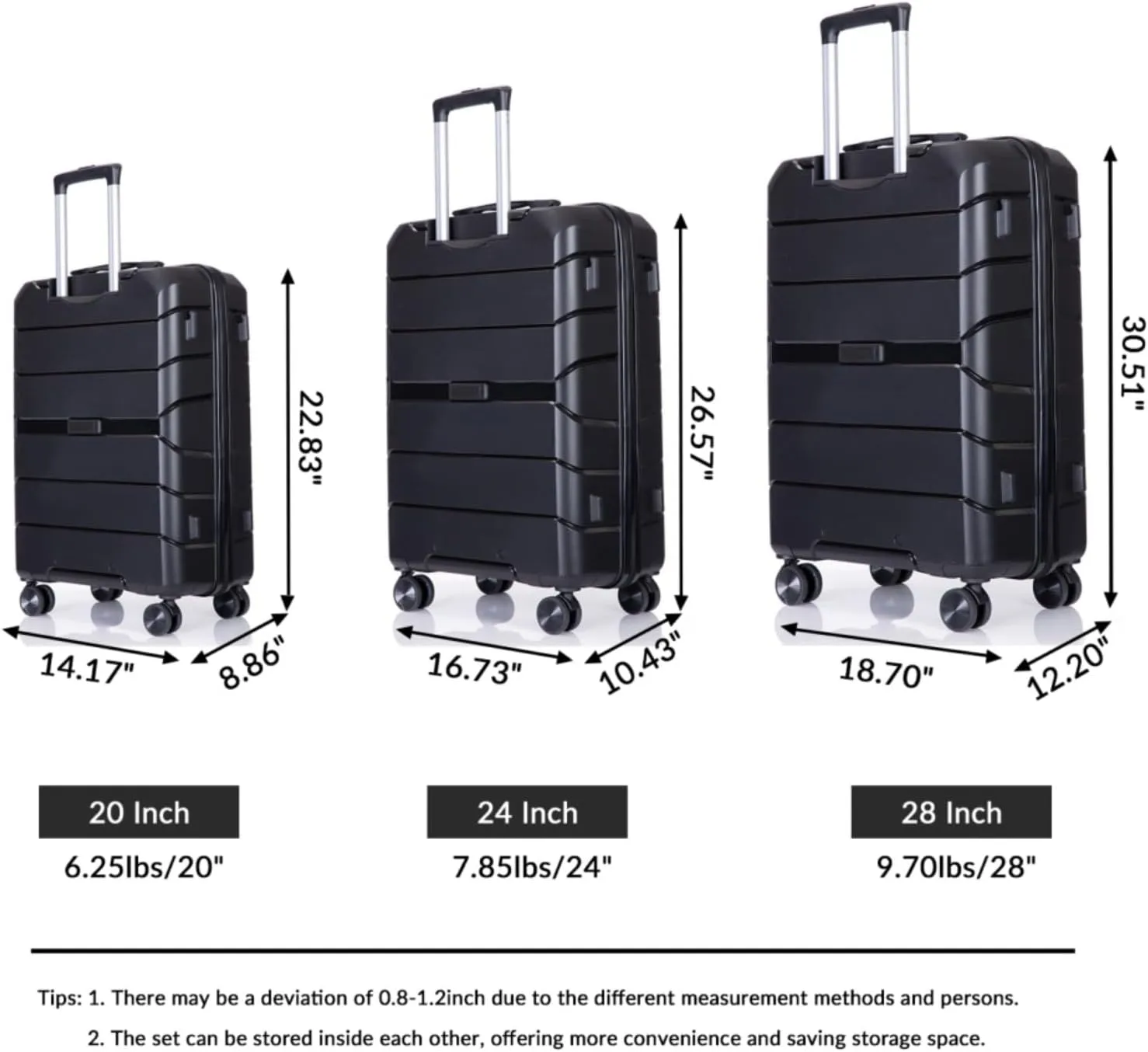 3-Piece PP Hardshell Luggage Set (20"/24"/28") - Lightweight Durable Suitcases with Lock & 360° Spinner Wheels - Black Carry-On & Checked Luggage (Black   Polypropylene)
