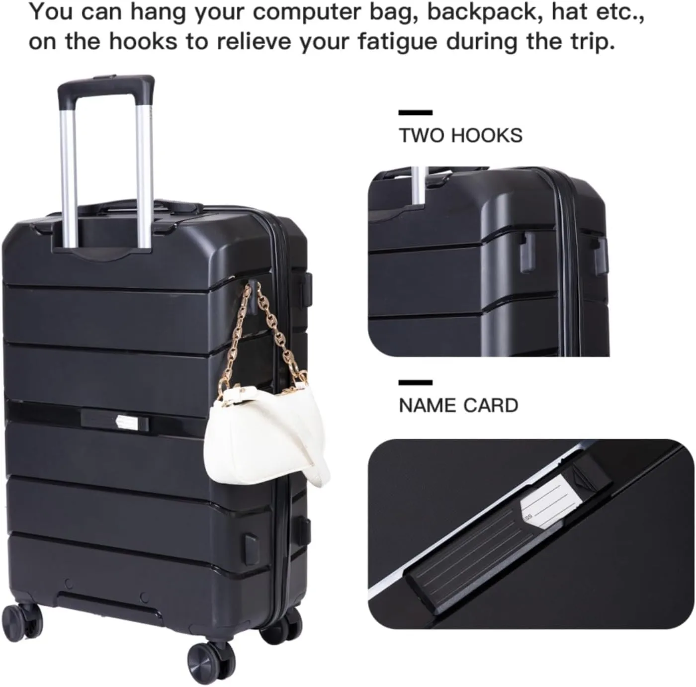 3-Piece PP Hardshell Luggage Set (20"/24"/28") - Lightweight Durable Suitcases with Lock & 360° Spinner Wheels - Black Carry-On & Checked Luggage (Black   Polypropylene)