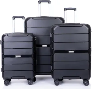 3-Piece PP Hardshell Luggage Set (20"/24"/28") - Lightweight Durable Suitcases with Lock & 360° Spinner Wheels - Black Carry-On & Checked Luggage (Black   Polypropylene)
