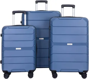 3-Piece PP Hardshell Luggage Set (20"/24"/28") - Lightweight Durable Suitcases with Lock & 360° Spinner Wheels - Black Carry-On & Checked Luggage (Blue   Polypropylene)