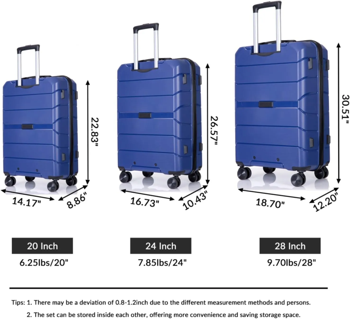 3-Piece PP Hardshell Luggage Set (20"/24"/28") - Lightweight Durable Suitcases with Lock & 360° Spinner Wheels - Black Carry-On & Checked Luggage (Navy   Polypropylene)