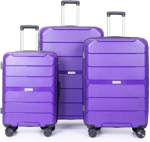 3-Piece PP Hardshell Luggage Set (20"/24"/28") - Lightweight Durable Suitcases with Lock & 360° Spinner Wheels - Black Carry-On & Checked Luggage (Purple   Polypropylene)