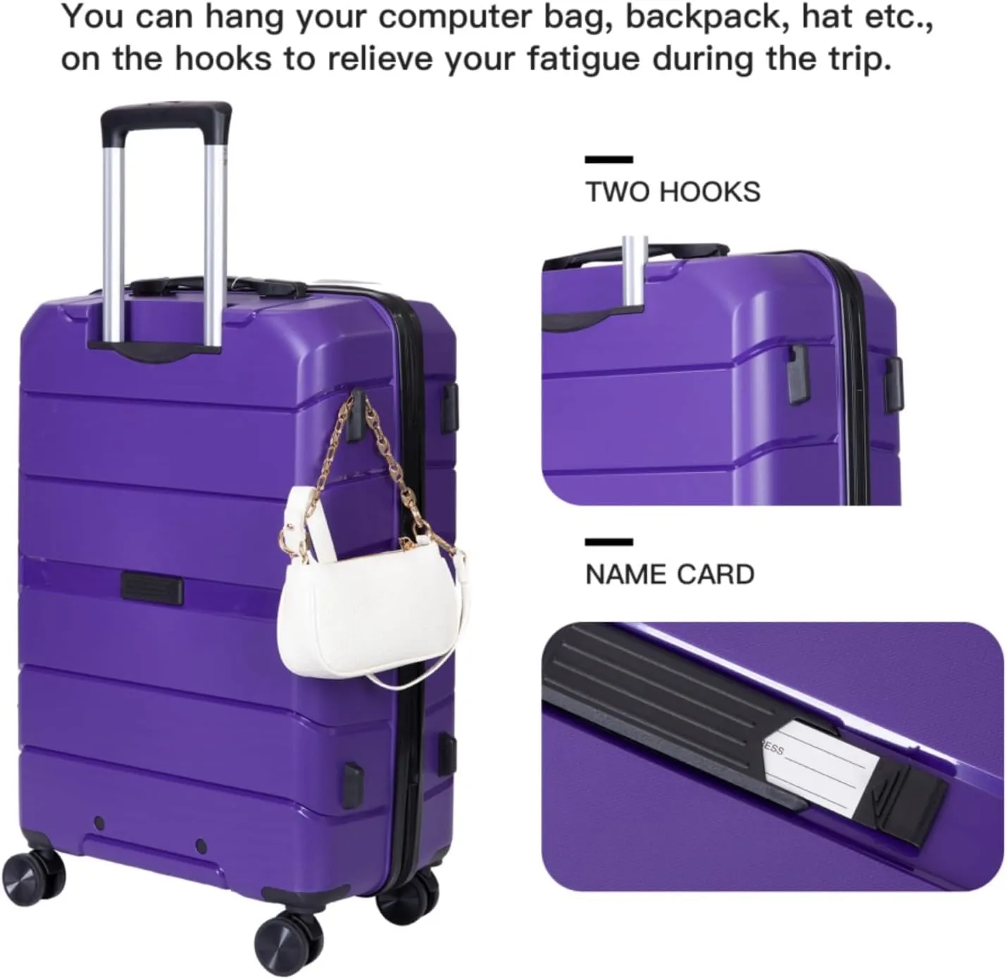 3-Piece PP Hardshell Luggage Set (20"/24"/28") - Lightweight Durable Suitcases with Lock & 360° Spinner Wheels - Black Carry-On & Checked Luggage (Purple   Polypropylene)