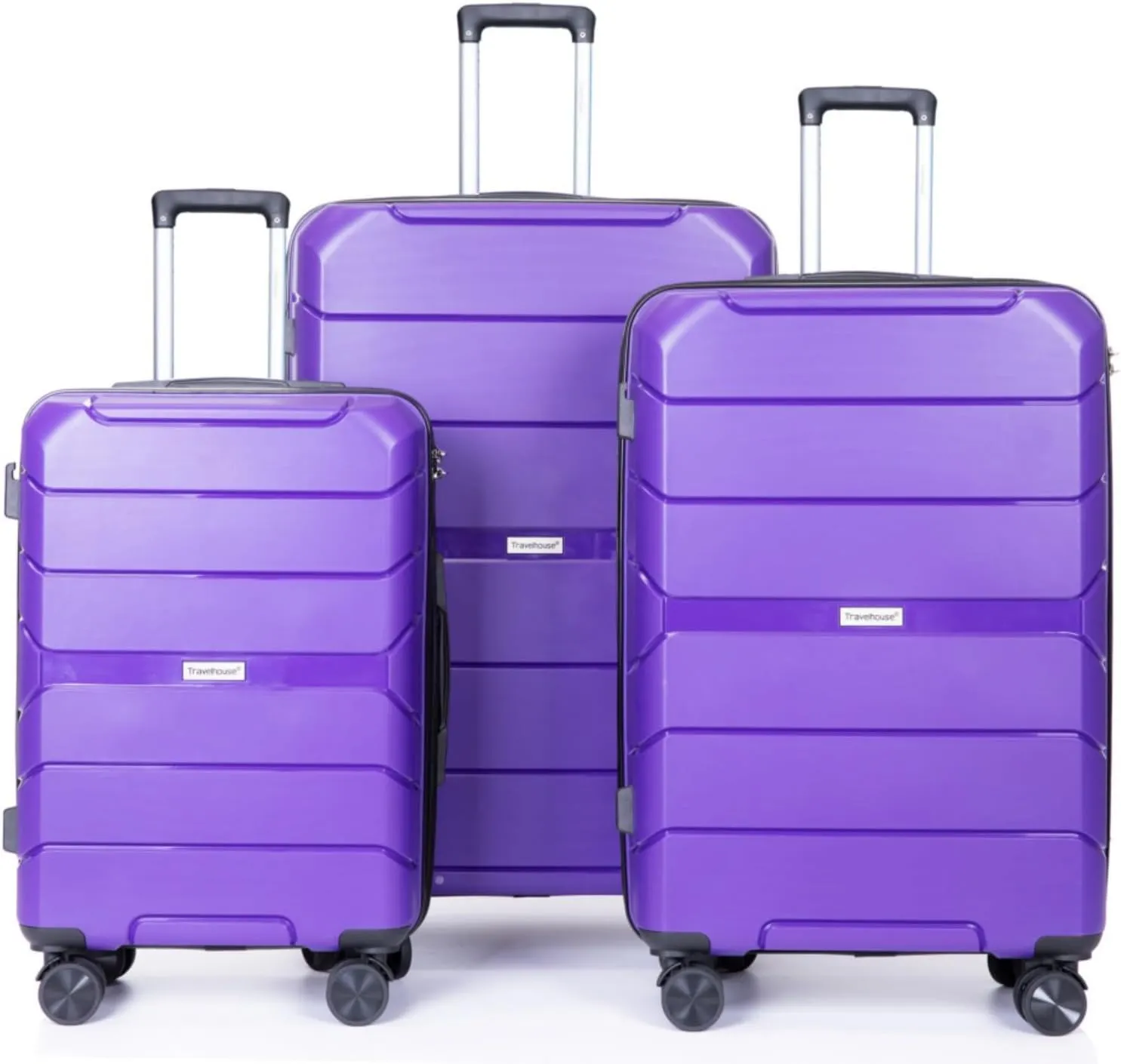 3-Piece PP Hardshell Luggage Set (20"/24"/28") - Lightweight Durable Suitcases with Lock & 360° Spinner Wheels - Black Carry-On & Checked Luggage (Purple   Polypropylene)