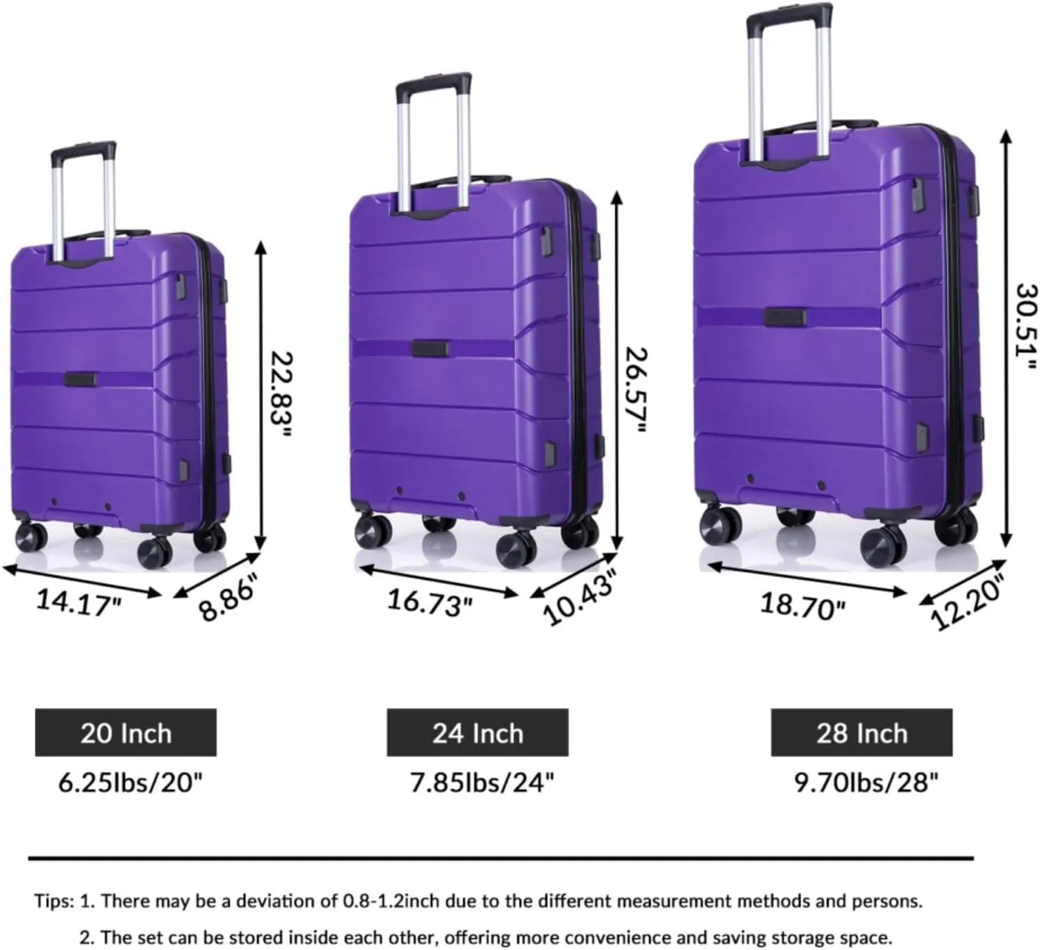 3-Piece PP Hardshell Luggage Set (20"/24"/28") - Lightweight Durable Suitcases with Lock & 360° Spinner Wheels - Black Carry-On & Checked Luggage (Purple   Polypropylene)