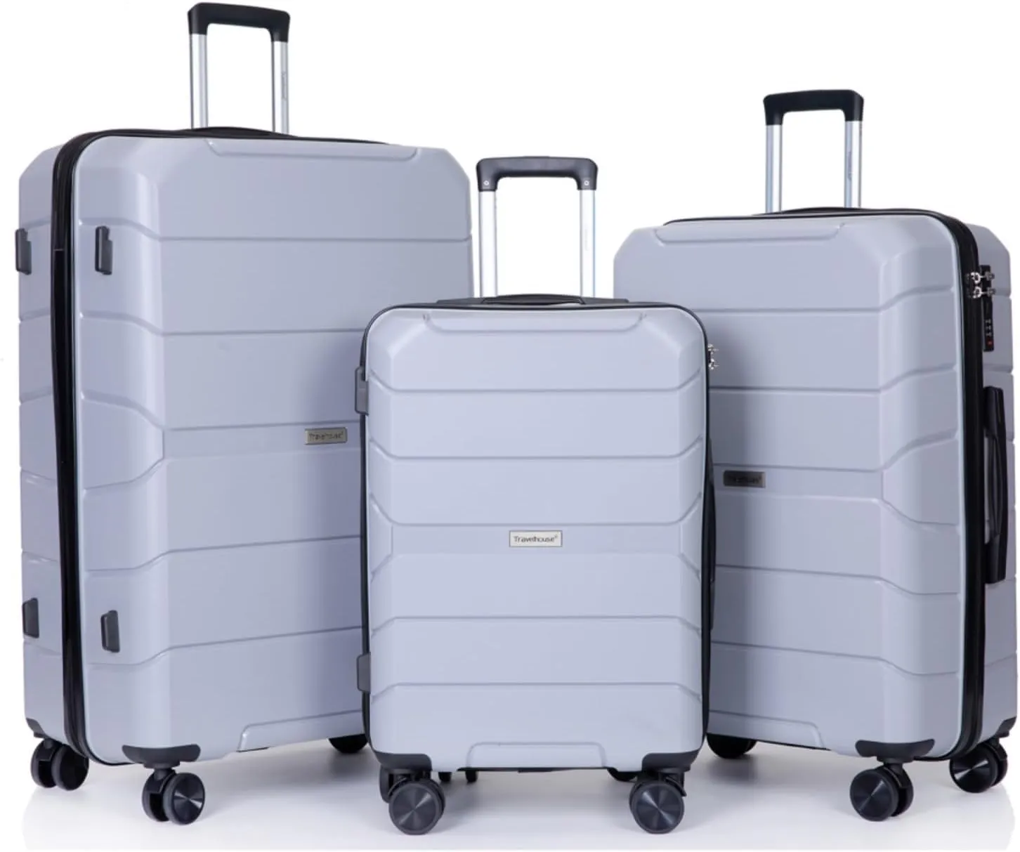 3-Piece PP Hardshell Luggage Set (20"/24"/28") - Lightweight Durable Suitcases with Lock & 360° Spinner Wheels - Black Carry-On & Checked Luggage (Silver   Polypropylene)