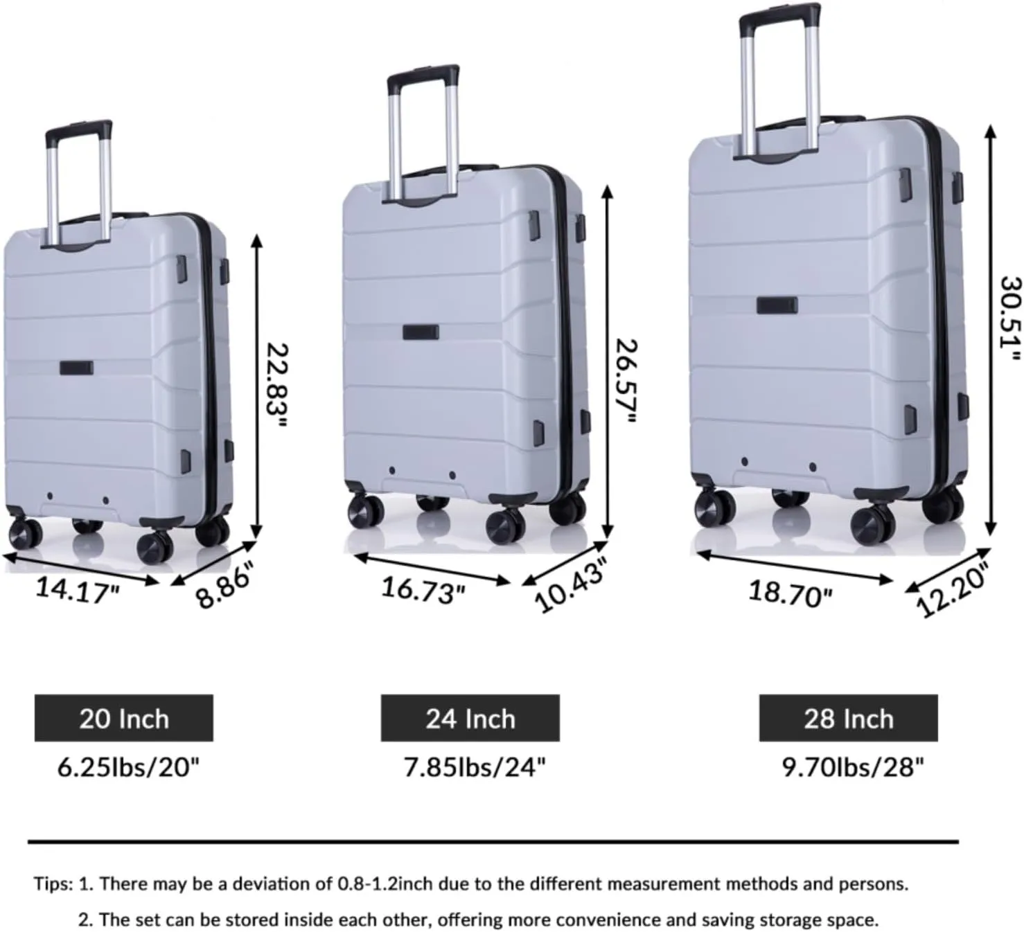 3-Piece PP Hardshell Luggage Set (20"/24"/28") - Lightweight Durable Suitcases with Lock & 360° Spinner Wheels - Black Carry-On & Checked Luggage (Silver   Polypropylene)