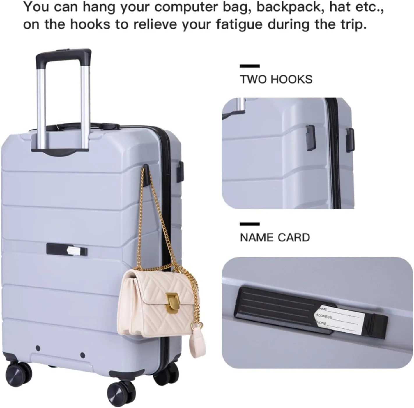 3-Piece PP Hardshell Luggage Set (20"/24"/28") - Lightweight Durable Suitcases with Lock & 360° Spinner Wheels - Black Carry-On & Checked Luggage (Silver   Polypropylene)