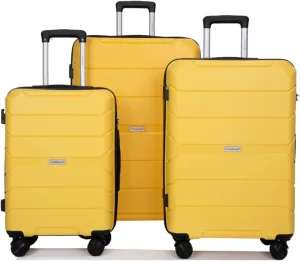 3-Piece PP Hardshell Luggage Set (20"/24"/28") - Lightweight Durable Suitcases with Lock & 360° Spinner Wheels - Black Carry-On & Checked Luggage (Yellow   Polypropylene)