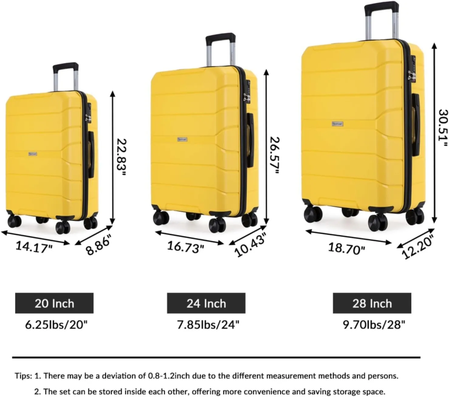 3-Piece PP Hardshell Luggage Set (20"/24"/28") - Lightweight Durable Suitcases with Lock & 360° Spinner Wheels - Black Carry-On & Checked Luggage (Yellow   Polypropylene)