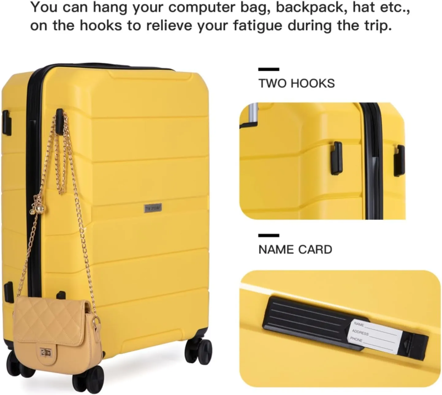 3-Piece PP Hardshell Luggage Set (20"/24"/28") - Lightweight Durable Suitcases with Lock & 360° Spinner Wheels - Black Carry-On & Checked Luggage (Yellow   Polypropylene)