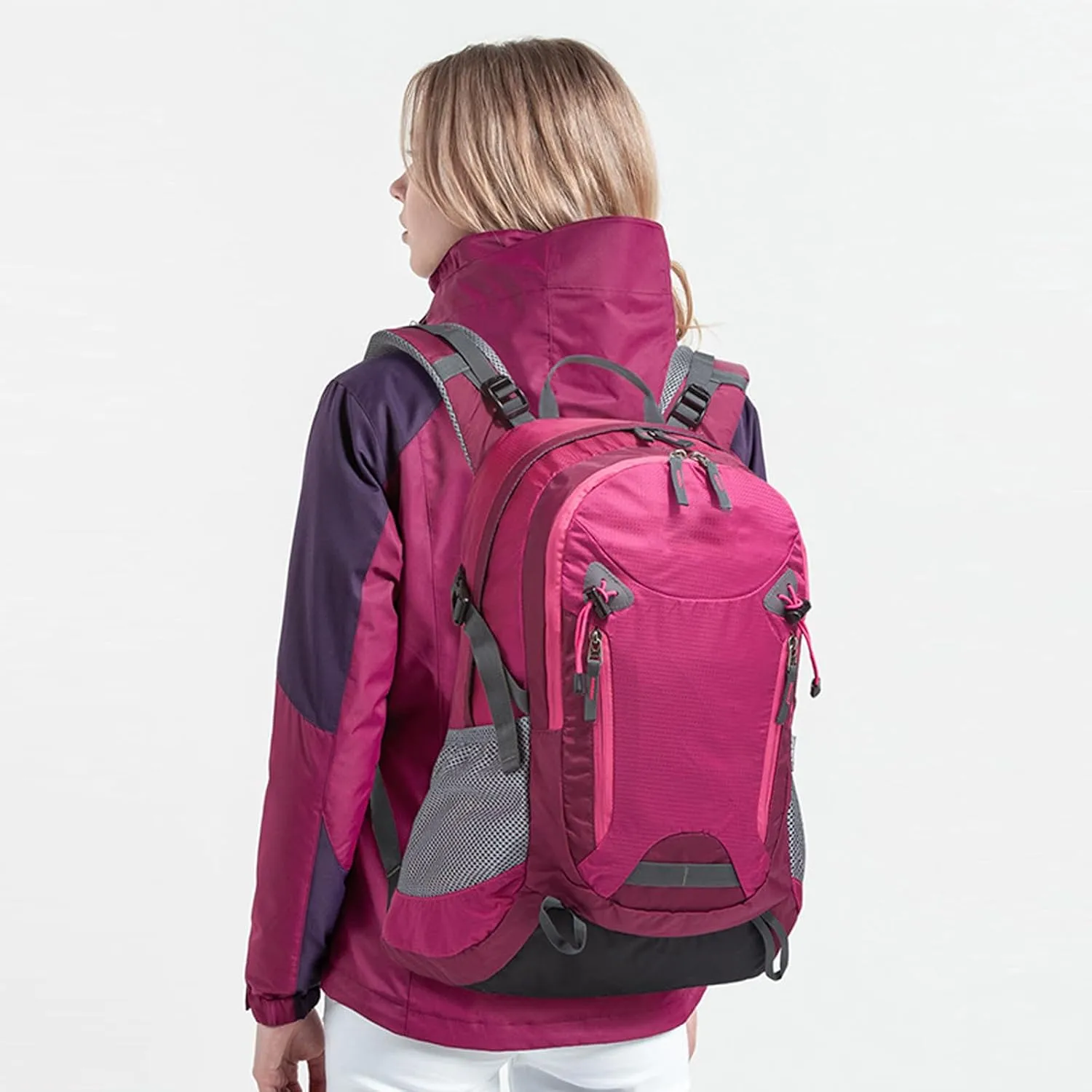 35L Hiking Backpack – Lightweight Waterproof Daypack with Adjustable Straps, Mesh Side Pockets – Camping & Travel Backpack for Men & Women – Rose Red
