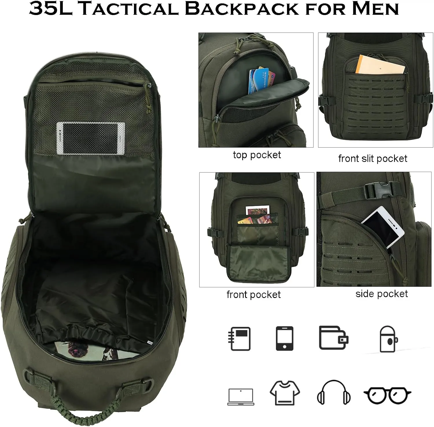 35L Tactical Backpack for Men Heavy Duty Military Backpack 3 Day Assault Pack Molle Backpack Hiking Rucksack (Green)