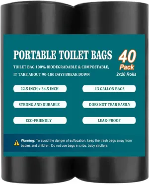 40 PCS 13 Gallon Portable Toilet Bags for Camping, Biodegradable Trash bags - 1 Mills Thickened Waste Bag, Camping Poop Bag for Trash Lawn, Leaf Yard, Home, Travel, Outdoor
