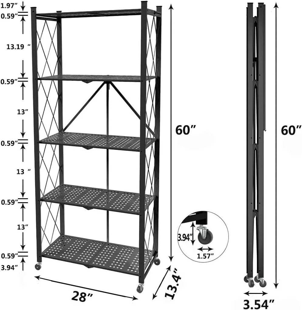 5 Tier Folding Shelf with Wheels,Metal Steel Collapsible Shelves,No Assembly Portable Shelves Organizer Rack,Rolling Standing Utility Rack for Kitchen, Pantry, Office, Black