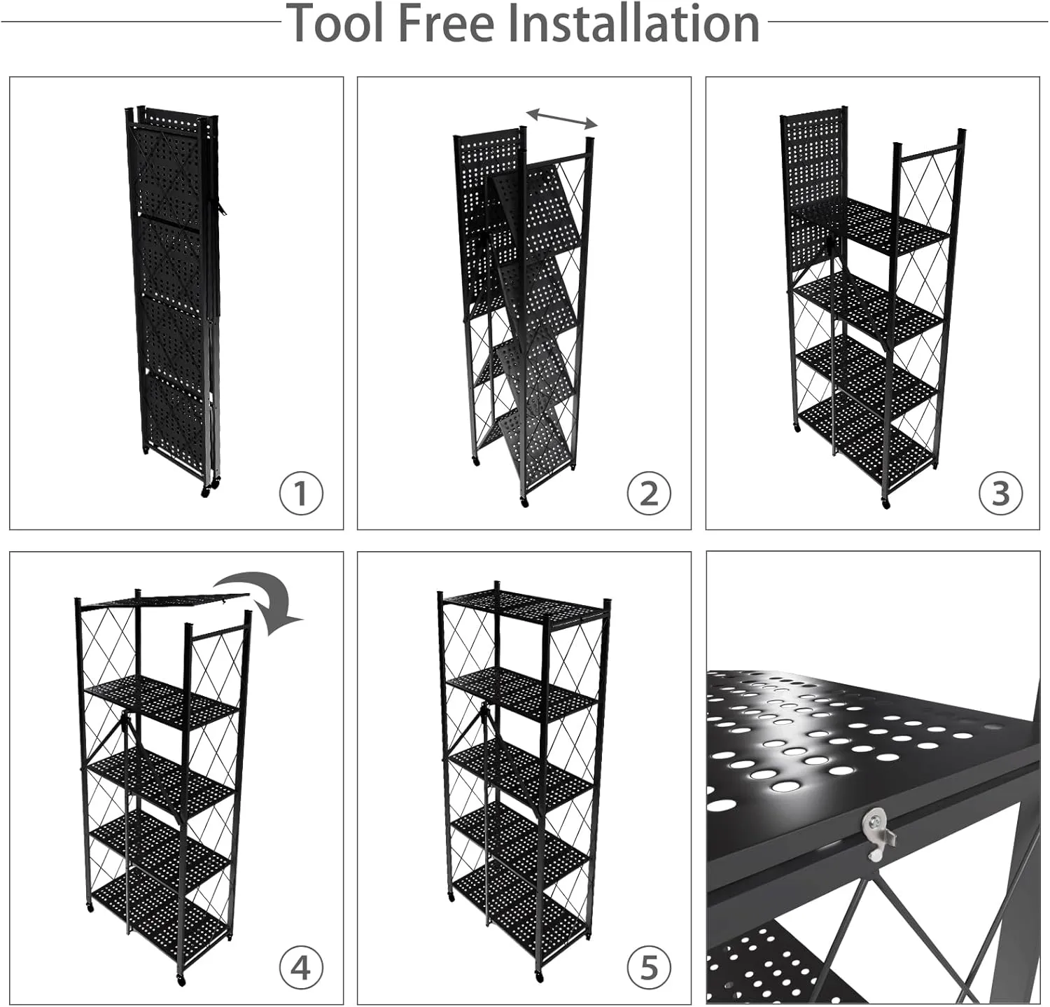 5 Tier Folding Shelf with Wheels,Metal Steel Collapsible Shelves,No Assembly Portable Shelves Organizer Rack,Rolling Standing Utility Rack for Kitchen, Pantry, Office, Black