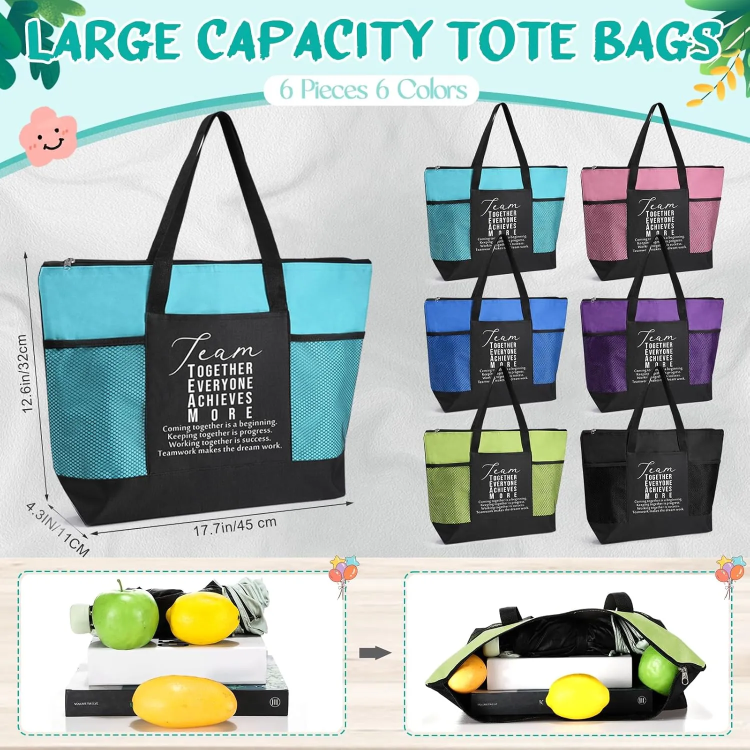 6 Pcs Team Appreciation Tote Bags with Mesh Pocket for Women Social Worker Graduation Thank You Gift for Teacher Nurse