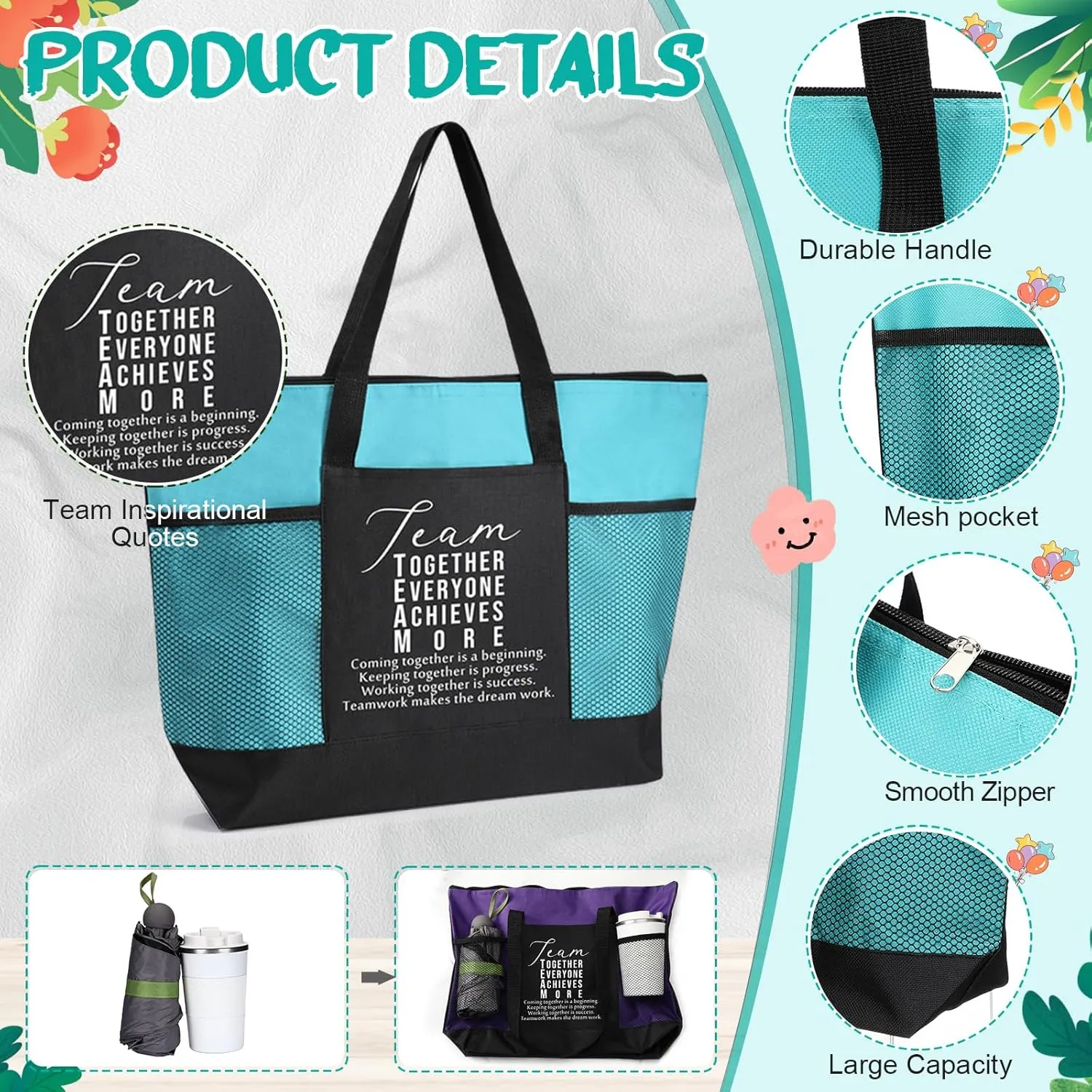 6 Pcs Team Appreciation Tote Bags with Mesh Pocket for Women Social Worker Graduation Thank You Gift for Teacher Nurse
