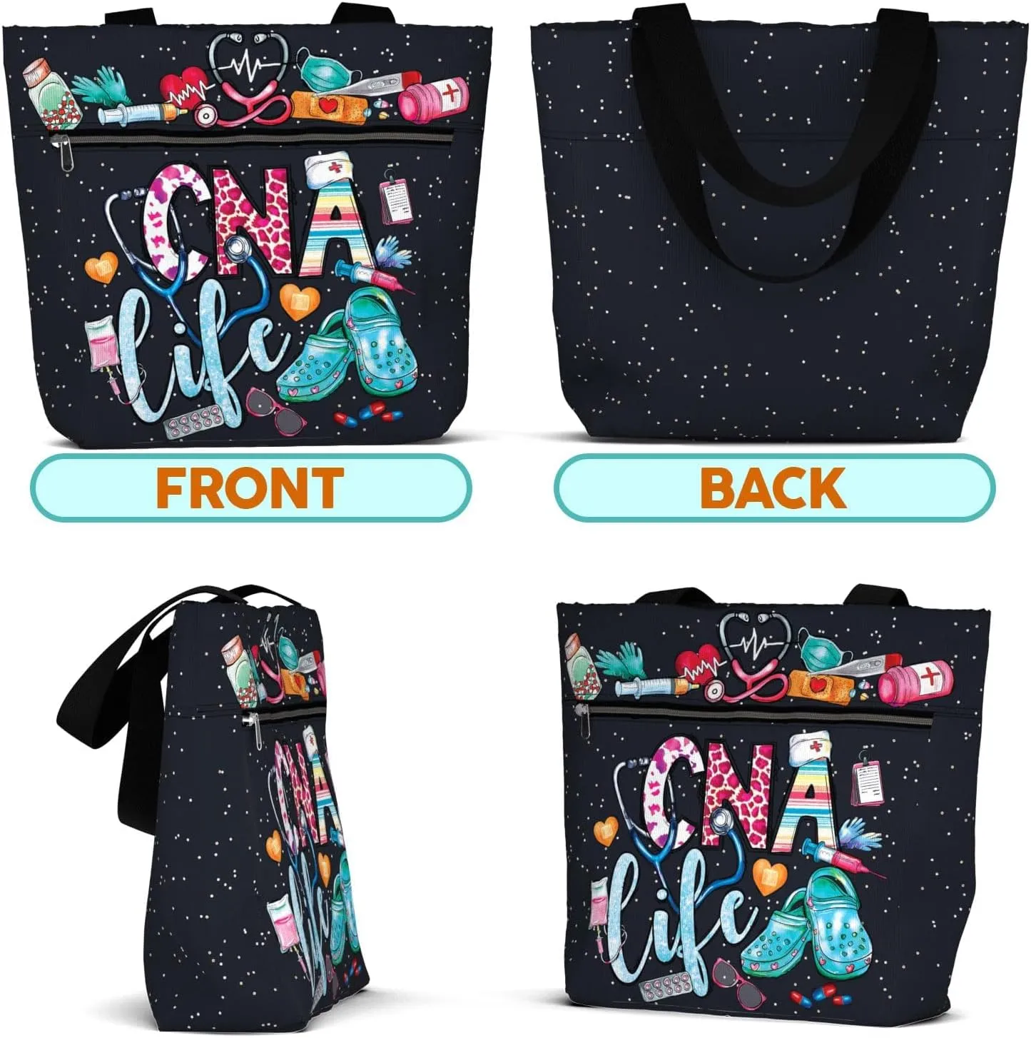 84hoods Large Tote Bag for Work for Women. Waterproof Shoulder Bag with Pockets and Zipper. Gift for CNA Nurse.