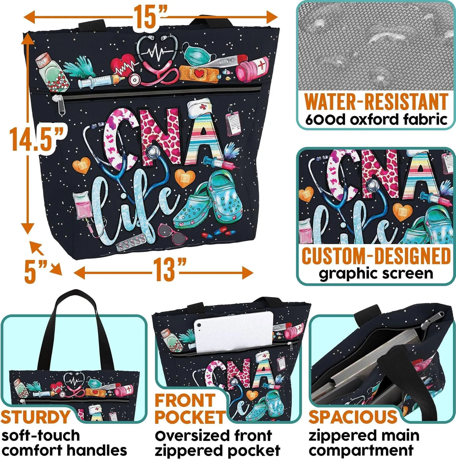 84hoods Large Tote Bag for Work for Women. Waterproof Shoulder Bag with Pockets and Zipper. Gift for CNA Nurse.