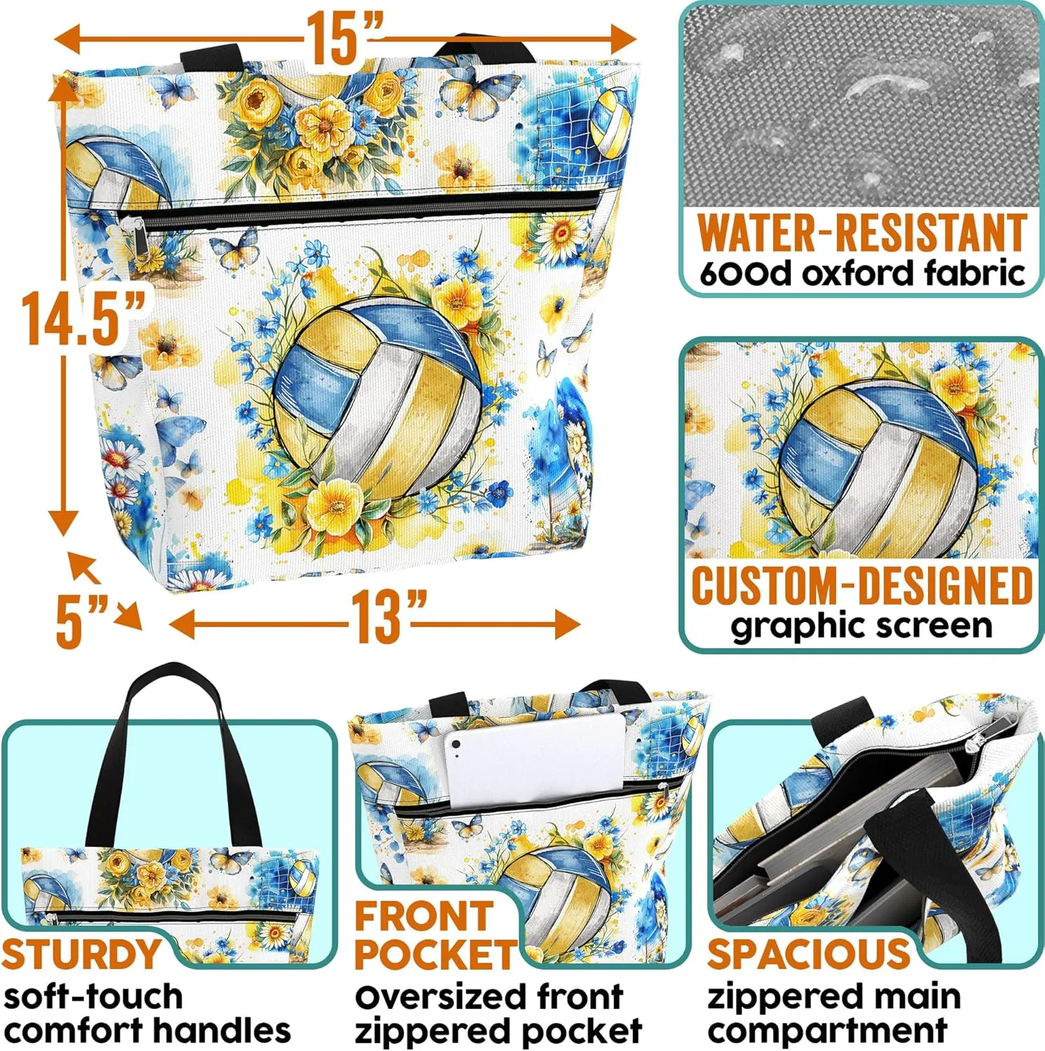 84hoods Waterproof Tote Bag with Pockets and Zipper for Work. Shoulder Bag for Women. Gift for Volleyball Lover Player.