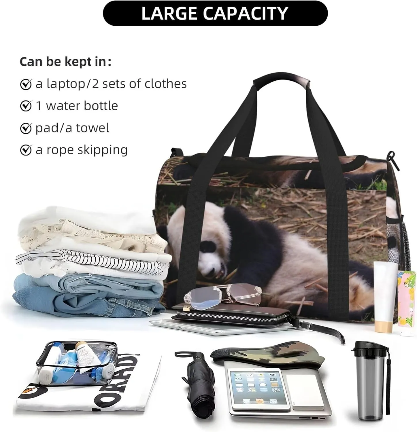 A Panda Lying Idle Travel Duffel Bag Large Foldable Waterproof Overnight Bag For Beach Swim Bags Pool Sports Gym
