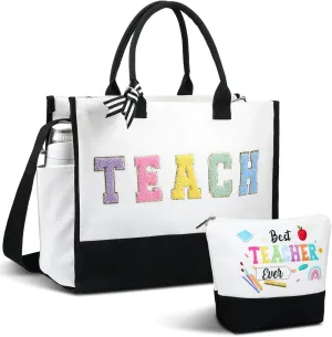 Abbylike Teacher Canvas Totes Bags Makeup Cosmetic Pouch Teacher Appreciation Gifts for Women Large Chenille Letter Bags for school