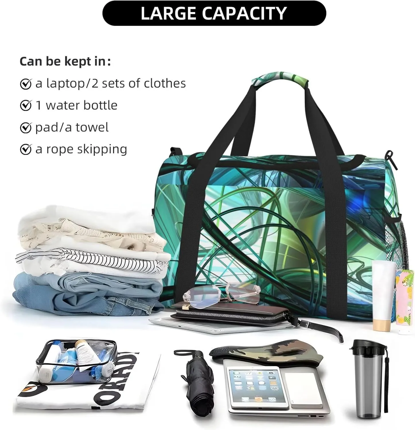 Abstract Art Green Travel Duffel Bag Large Foldable Waterproof Overnight Bag For Beach Swim Bags Pool Sports Gym