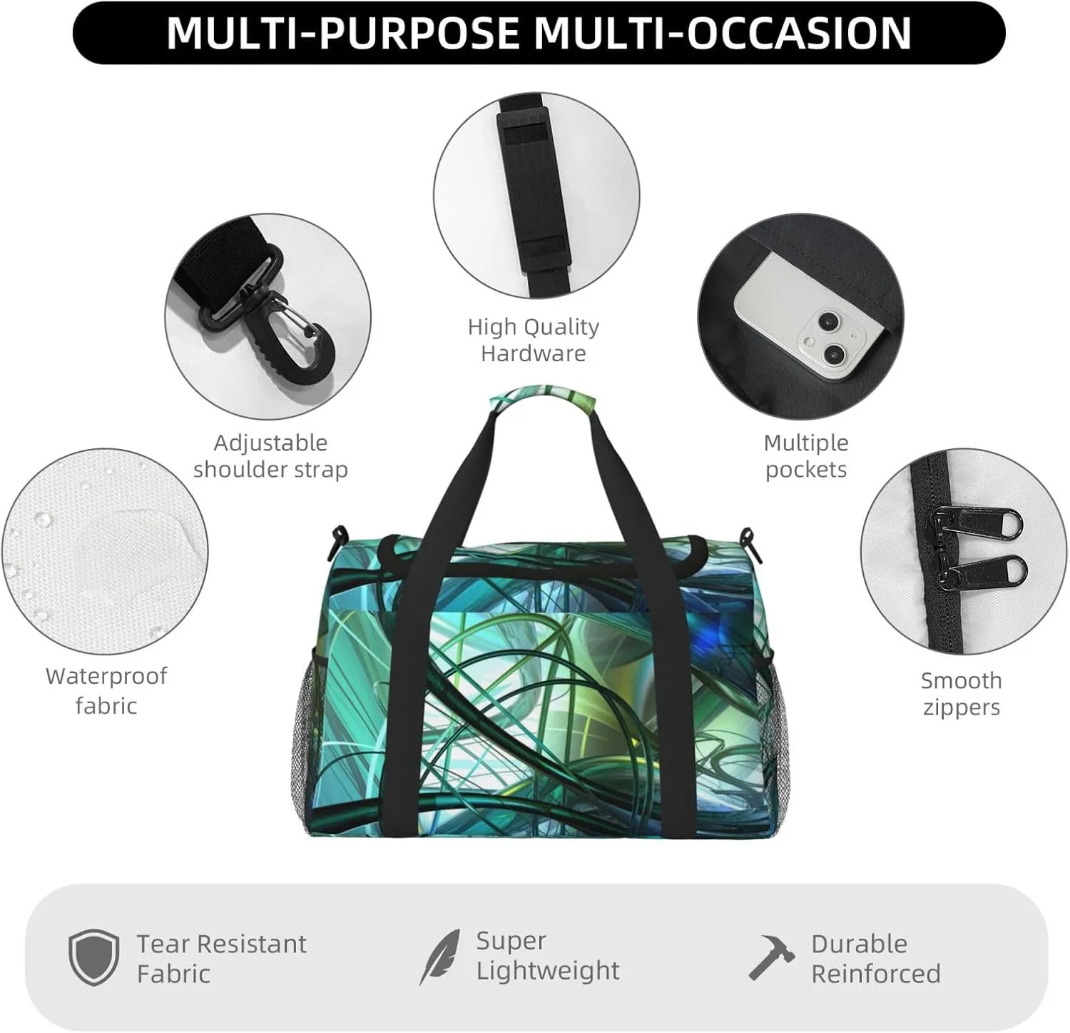 Abstract Art Green Travel Duffel Bag Large Foldable Waterproof Overnight Bag For Beach Swim Bags Pool Sports Gym