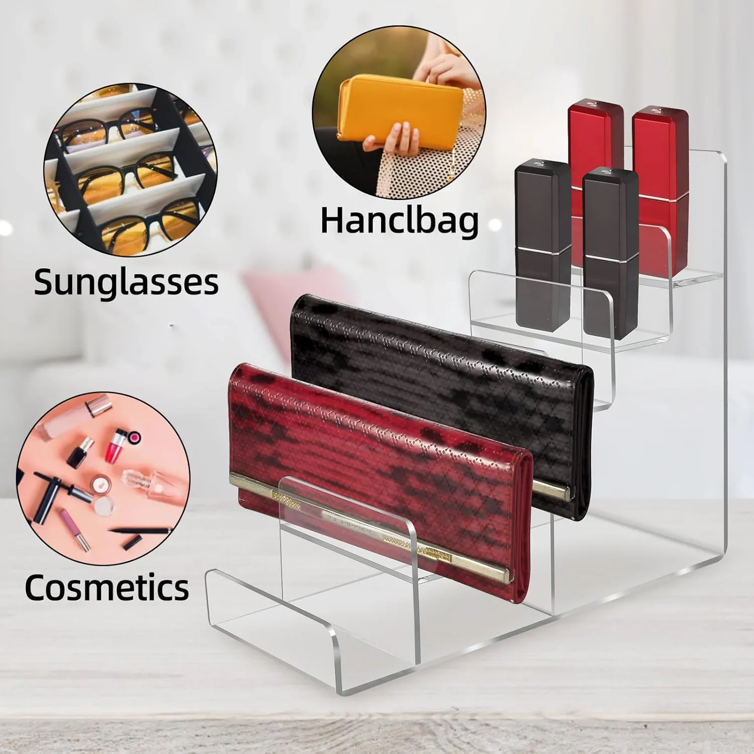 Acrylic Wallet Display Stand Purse Handbag Organizer, Clear Jewelry Riser Display Stand Purse Display Rack, Acrylic Display Shelf for Cosmetic Perfume Jewelry Sunglasses Handbag (6 Tier)