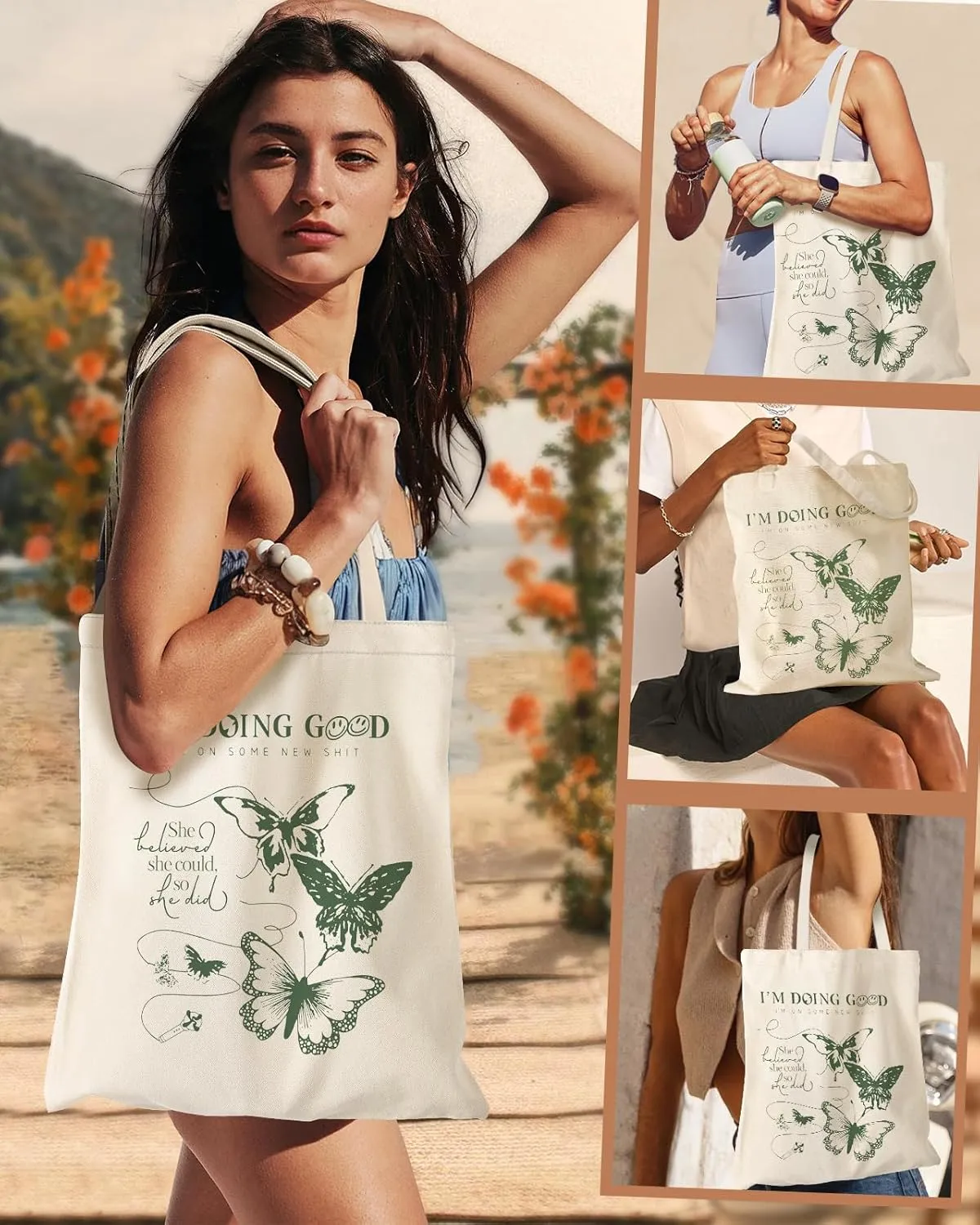 Aesthetic Canvas Tote Bag - Reusable Shoulder Tote Bag for Women Lady Casual Vacation, Shopping, Work, Gym
