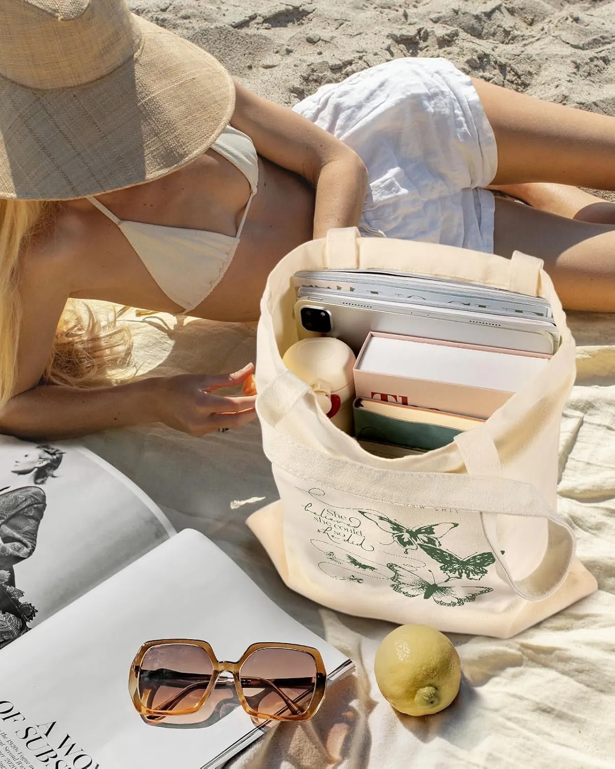 Aesthetic Canvas Tote Bag - Reusable Shoulder Tote Bag for Women Lady Casual Vacation, Shopping, Work, Gym