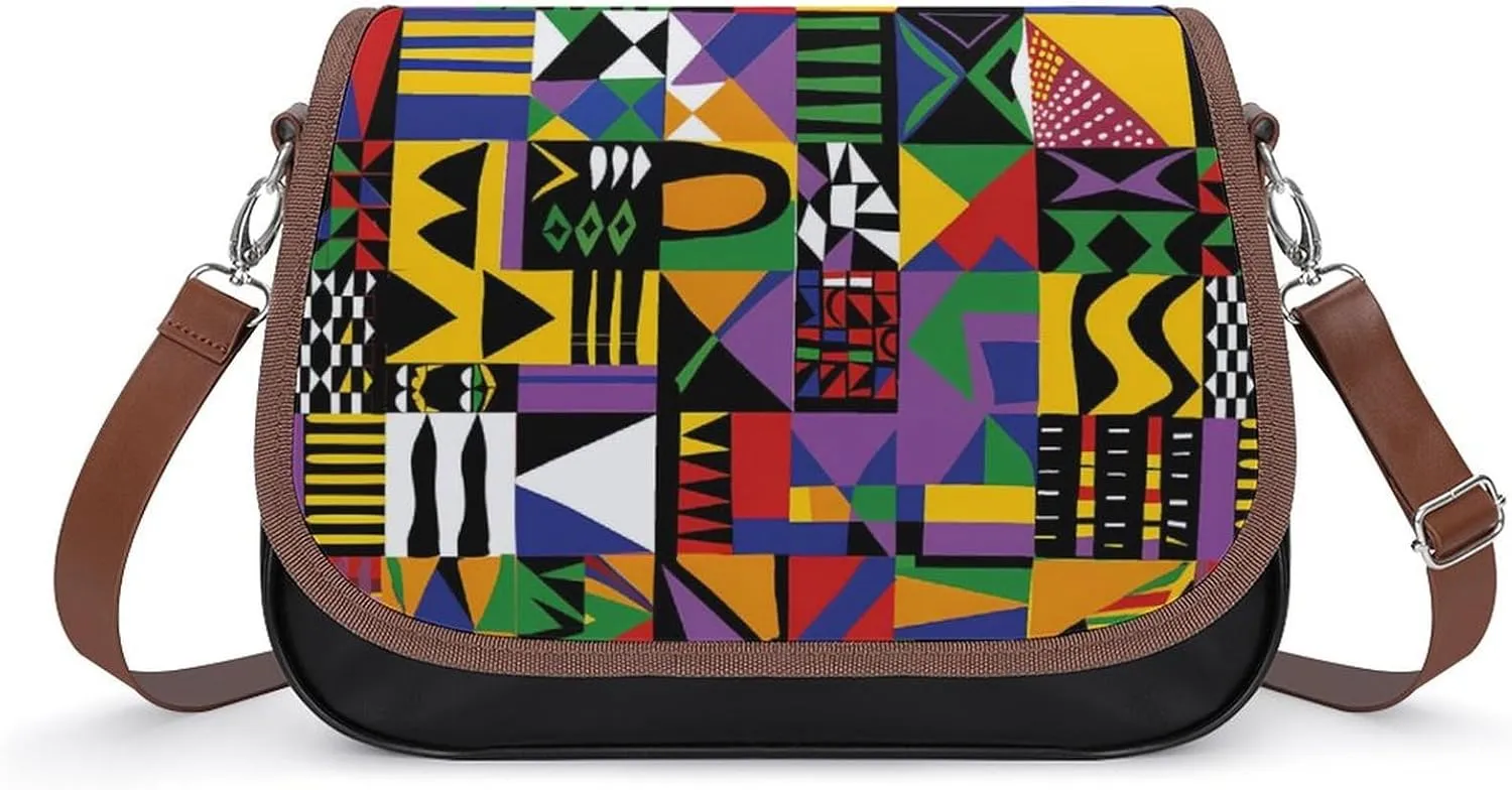 African Geometric Messenger Bag for Women PU Leather Crossbody Bags Shoulder Handbags Purse