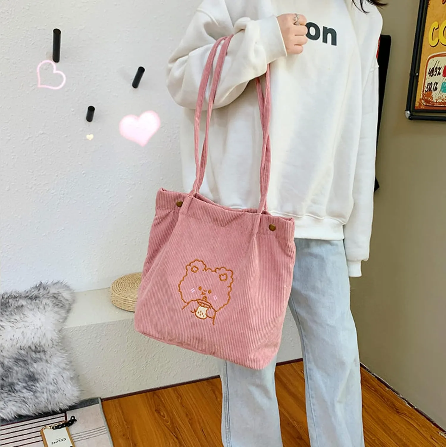 Aisi Corduroy Totes Bag Women Ladies Corduroy Shoulder Bag Cute Cartoon Embroidery Casual Shoulder Tote