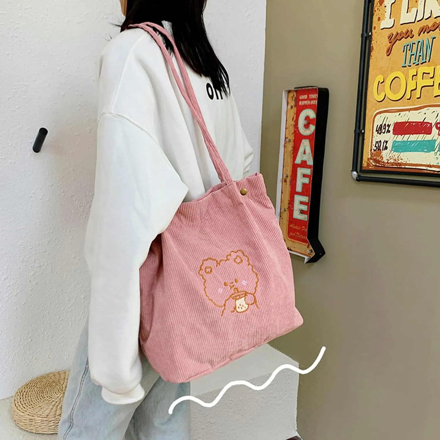 Aisi Corduroy Totes Bag Women Ladies Corduroy Shoulder Bag Cute Cartoon Embroidery Casual Shoulder Tote