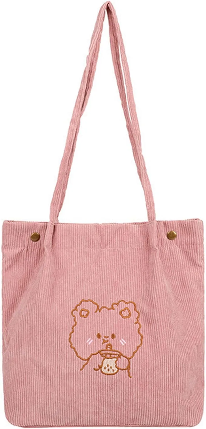 Aisi Corduroy Totes Bag Women Ladies Corduroy Shoulder Bag Cute Cartoon Embroidery Casual Shoulder Tote